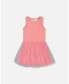 Girl Shiny Ribbed Dress With Mesh Flocking Flowers Pink - Toddler Child