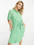 Monki tie waist midi shirt dress in green meadow