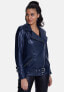 ფოტო #2 პროდუქტის Women's Genuine Leather Belted Biker Jacket,Nappa Navy