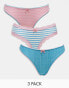 ASOS DESIGN 3 pack cheeky brazilian brief with trim in pink, teal stripe & pointelle