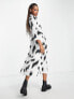 Pieces exclusive midi button through shirt dress in white & black print