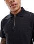 River Island zip neck polo shirt in black Черный, L - Chest 41-43 - фото #2