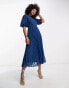 Фото #1 товара ASOS DESIGN high neck pleated chevron dobby midi dress with puff sleeve in navy