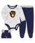 ფოტო #1 პროდუქტის Newborn and Infant Boys and Girls Navy, White Milwaukee Brewers Dream Team Bodysuit, Hat and Footed Pants Set