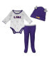 ფოტო #1 პროდუქტის Newborn and Infant Boys and Girls Purple, White LSU Tigers Dream Team Raglan Long Sleeve Bodysuit Hat and Pants Set