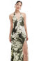 ASOS DESIGN satin plunge front strappy back maxi dress with thigh split in overscale floral