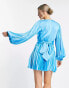Фото #4 товара In The Style x Billie Faiers exclusive satin pleated belt detail mini skater dress in blue