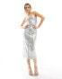 Фото #2 товара Bershka faux leather zip front midi dress in metallic silver