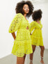 ASOS EDITION broderie twist front mini dress with puff sleeve in yellow