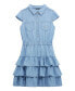 Big Girls Cap Sleeve Denim Dress with Jewel Button Placket and 3 Tier Ruffle Skirt