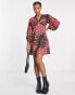 Фото #4 товара Influence blouson sleeve v neck mini skater dress with lace trim in mixed floral print