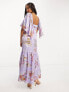 ASOS DESIGN satin flutter sleeve v-neck maxi dress with tier hem in lilac paisley print