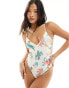 ASOS DESIGN Petite v-front swimsuit in postcard print