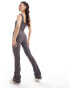 Фото #3 товара In The Style ribbed scoop neck flared unitard jumpsuit in charcoal grey