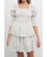 Фото #1 товара Women's Lace Trim Floral Print Smocked Sleeve Mini Dress