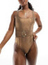 South Beach snake embossed buckle front swimsuit in brown metallic