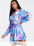 I Saw It First Petite satin knot front mini dress in bright smudge print