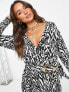 Фото #3 товара ASOS DESIGN textured long sleeve wrap mini dress with tortoise shell belt in mono zebra