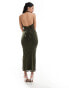 ASOS DESIGN high neck ruched mesh midi dress with sheer panels and tie back in khaki 44 - фото #4