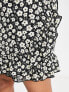 JDY frill detail wrap mini skirt in black & white floral