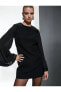 Mini Elbise Uzun Yarasa Kollu Pul Payet İşleme Detaylı Yuvarlak Yaka