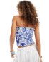 Monki lettuce edge tie up detail bandeau top in blue and white print