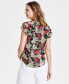 Petite Floral Print Split-Neck Flutter-Sleeve Top