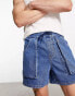 Фото #3 товара ASOS DESIGN pull on mid length denim shorts with cargo pockets in mid wash blue