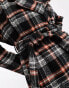 Brave Soul longline belted formal coat in black/rust check