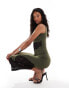 Rare London sleeveless midi dress with contrast lace in khaki