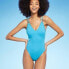 Фото #1 товара Women's Tunneled Plunge One Piece Swimsuit - Shade & Shore Turquoise Blue L