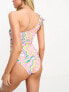Vero Moda tie one shoulder swimsuit in pink swirl print