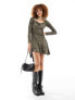 Monki scoop neck long sleeve mini dress with ruffle detail in khaki