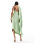 Mango one shoulder drape satin midi dress in light green