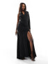 ASOS DESIGN premium plunge maxi dress with drapey one sleeve and side split in black