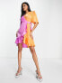 Фото #7 товара Flounce London satin flutter sleeve ruffle mini dress in contrast pink and orange