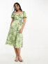 New Look square neck ruched front puff sleeve midi dress in green floral