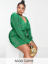 Фото #1 товара ASOS DESIGN Curve plisse wrap mini dress with tortoise shell trim in green