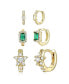 14k Gold Plated with Emerald & Cubic Zirconia Halo Star 3-Piece Hoop Earrings Set