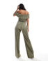 Фото #4 товара ASOS DESIGN plisse bardot wide leg jumpsuit in khaki