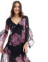 Фото #4 товара Miss Selfridge chiffon flared sleeve godet maxi dress in blurred floral