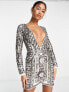 ASOS DESIGN long sleeve mini dress with mosaic embellishment in mono