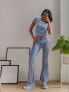 Фото #1 товара Labelrail x Pose and Repeat mid rise 90s flared jeans with butterfly appliques in blue