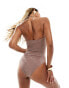 Фото #4 товара South Beach gold buckle cut out front halter swimsuit in light brown glitter