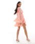 River Island plunge angel sleeve mini dress in coral Оранжевый, S - EU 36-38 - фото #4