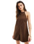 ASOS DESIGN halter neck playsuit with bra strap back detail in brown Коричневый, 42 - фото #2