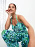Фото #4 товара Monki jersey plisse cross back detail jumpsuit in blue and green flower print
