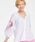 Фото #3 товара Women's 100% Linen Embroidered-Sleeve Peasant Top, Created for Macy's