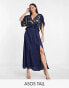 ASOS DESIGN Tall embroidered satin midi dress with frill waist in navy