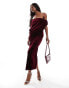 Фото #1 товара ASOS DESIGN dramatic neckline velvet midi dress in burgundy